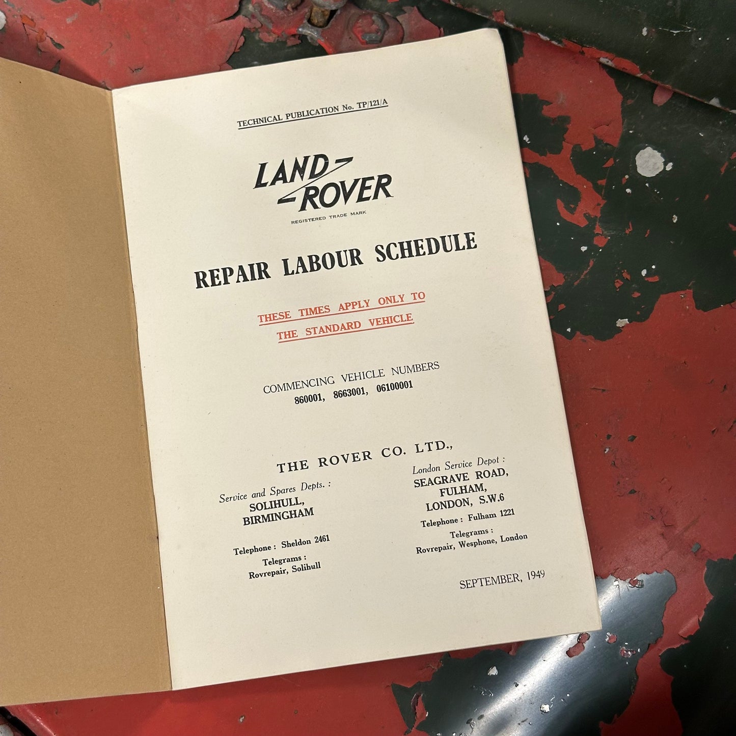 LAND ROVER REPAIR LABOUR SCHEDULE 1949